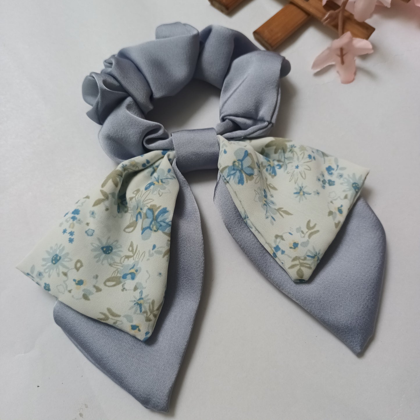 Nargis light blue printed satin bow tail scrunchie