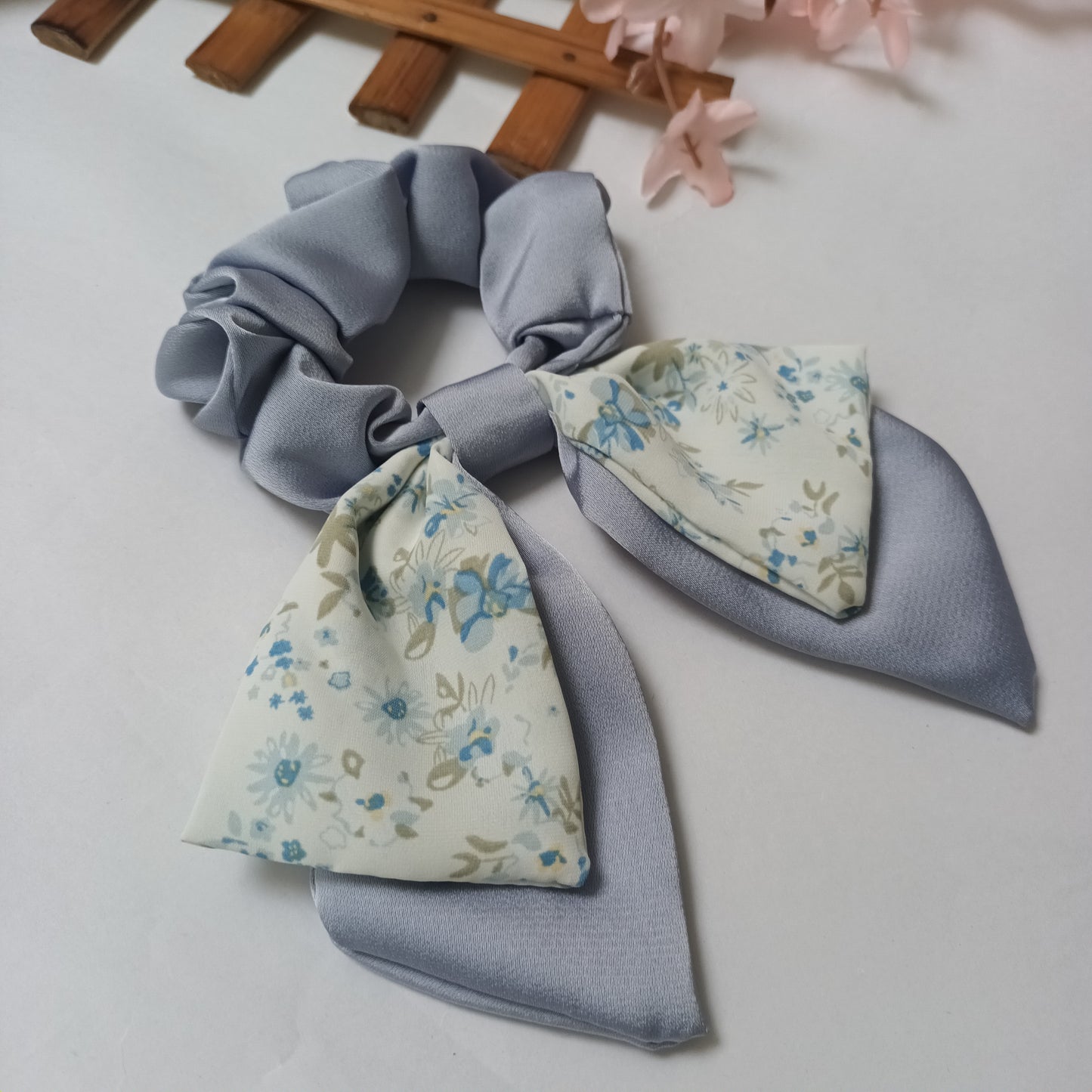 Nargis light blue printed satin bow tail scrunchie