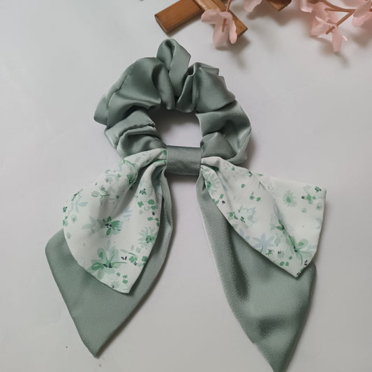 Nargis pista green printed satin bow tail scrunchie