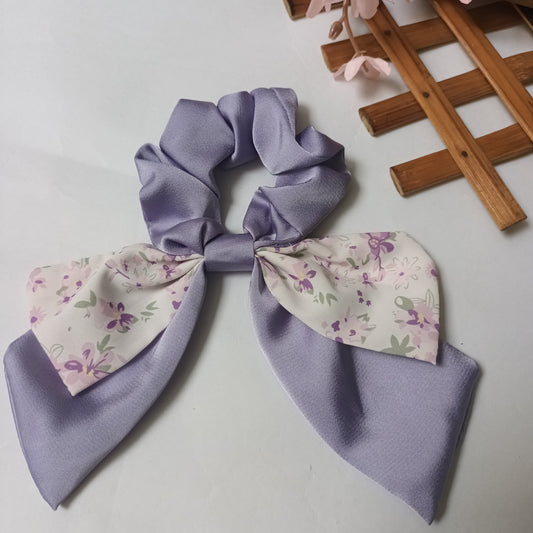 Nargis purple printed satin bow tail scrunchie