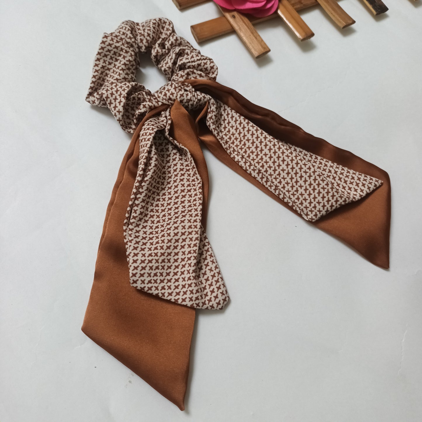 Hina brown and white printed satin bow tail scrunchie