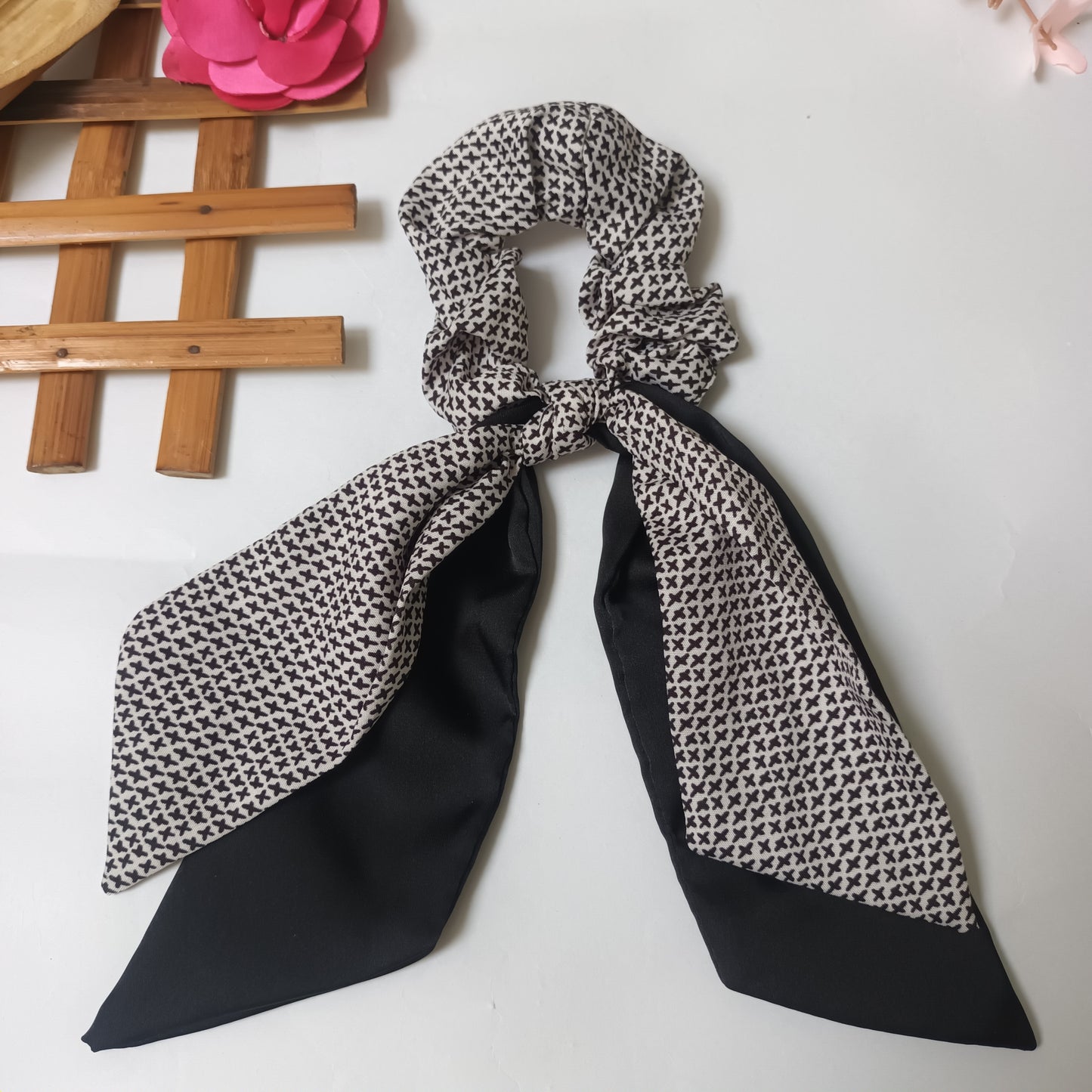 Hina black and white printed satin bow tail scrunchie