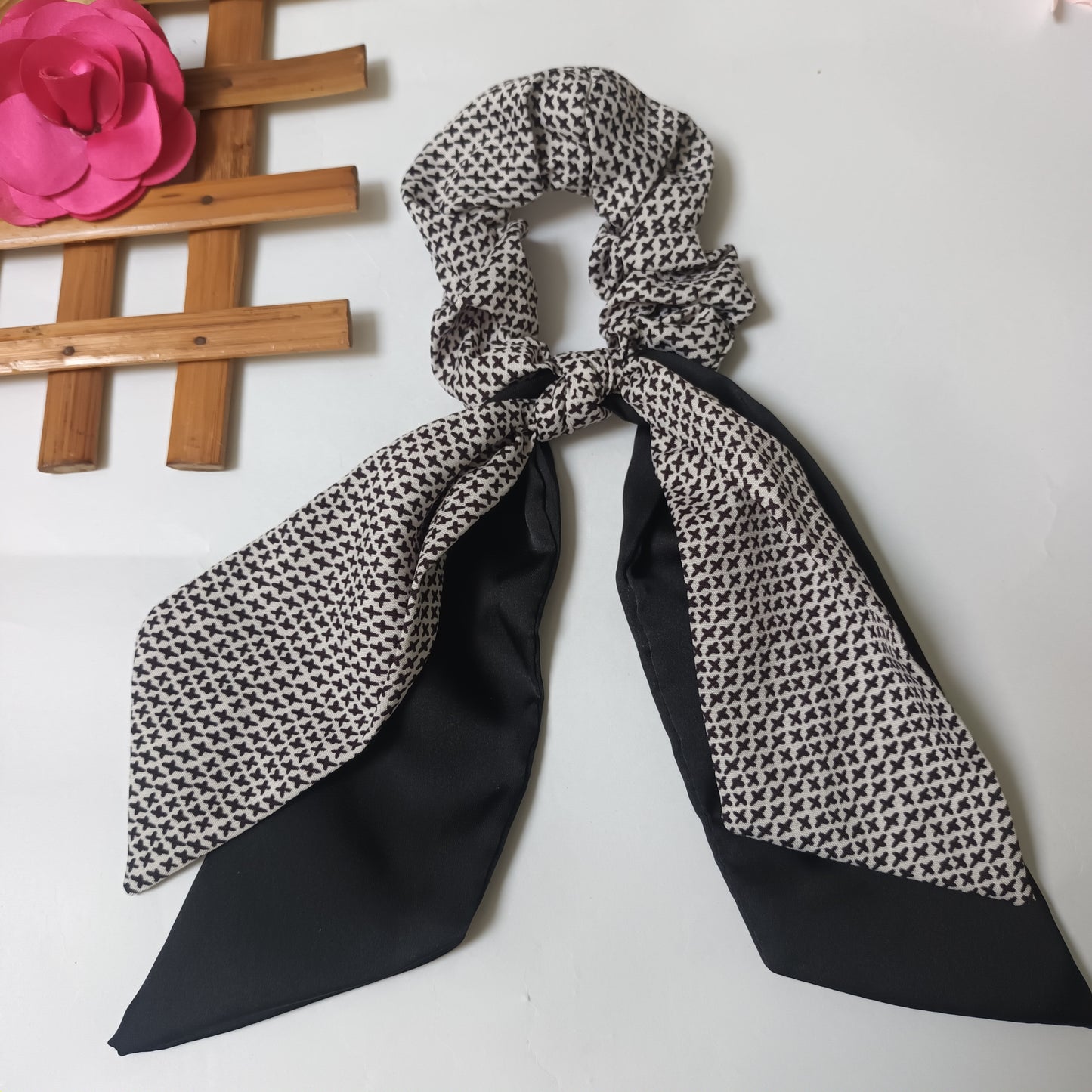 Hina black and white printed satin bow tail scrunchie