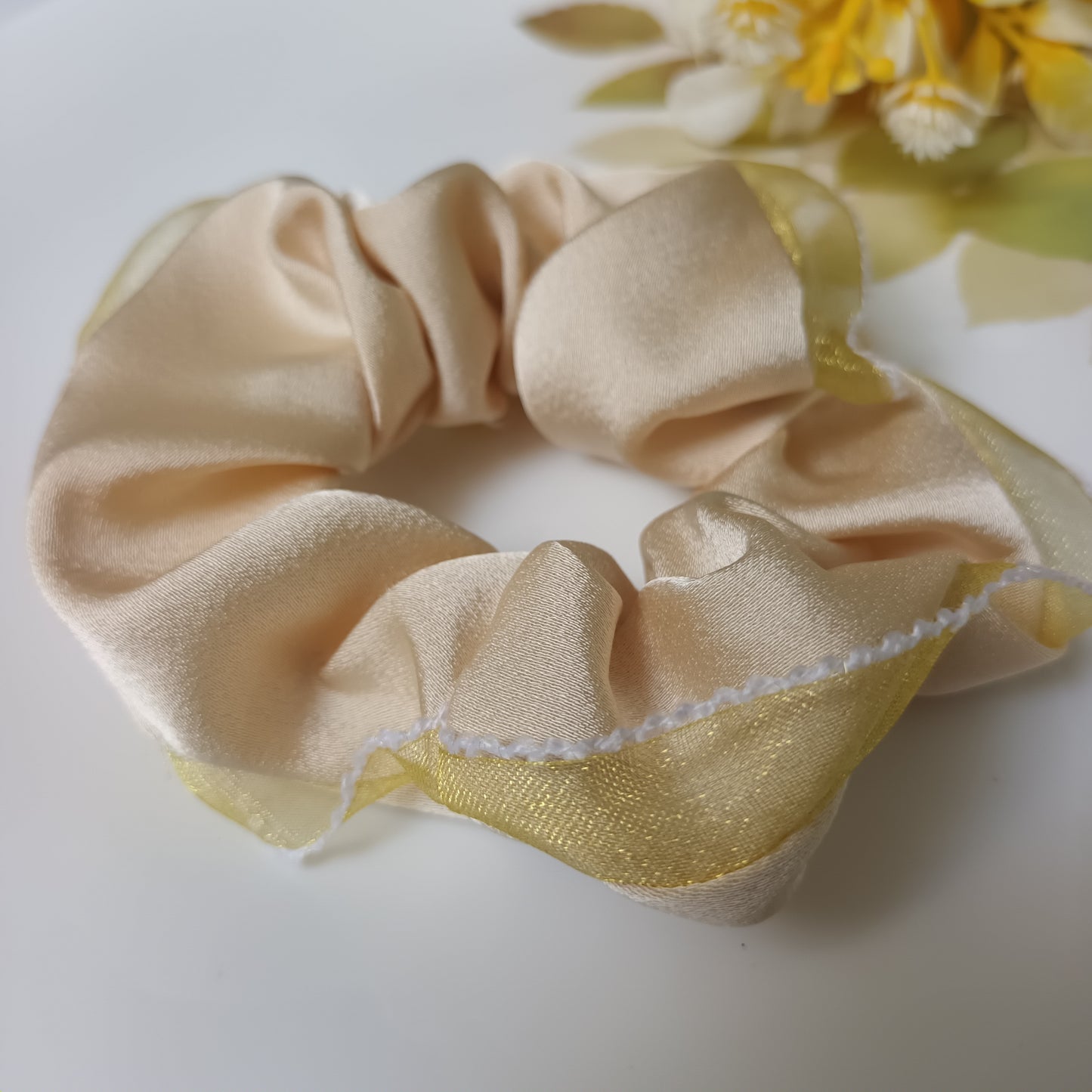 Mahina peach satin organza scrunchie