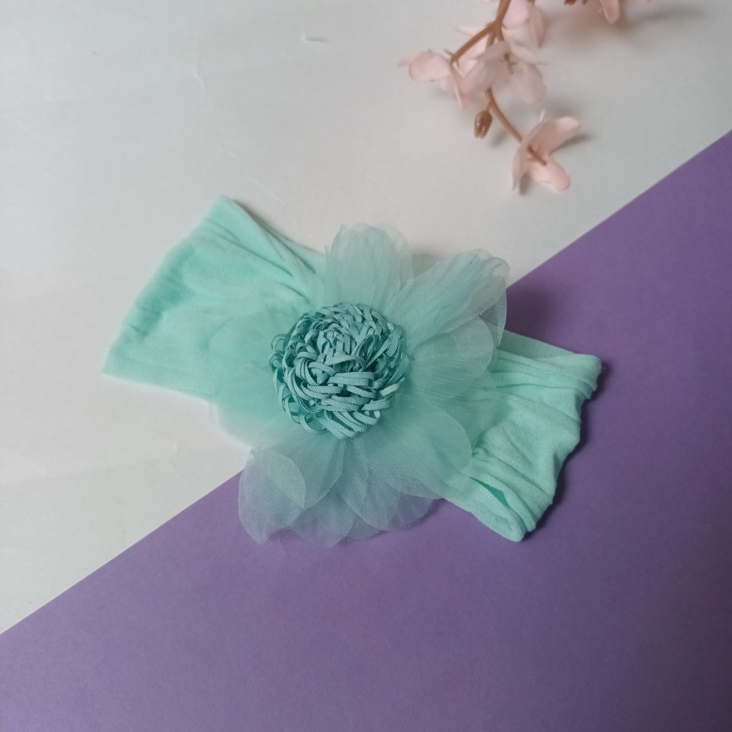 Riba light turquoise organza baby elastic head band