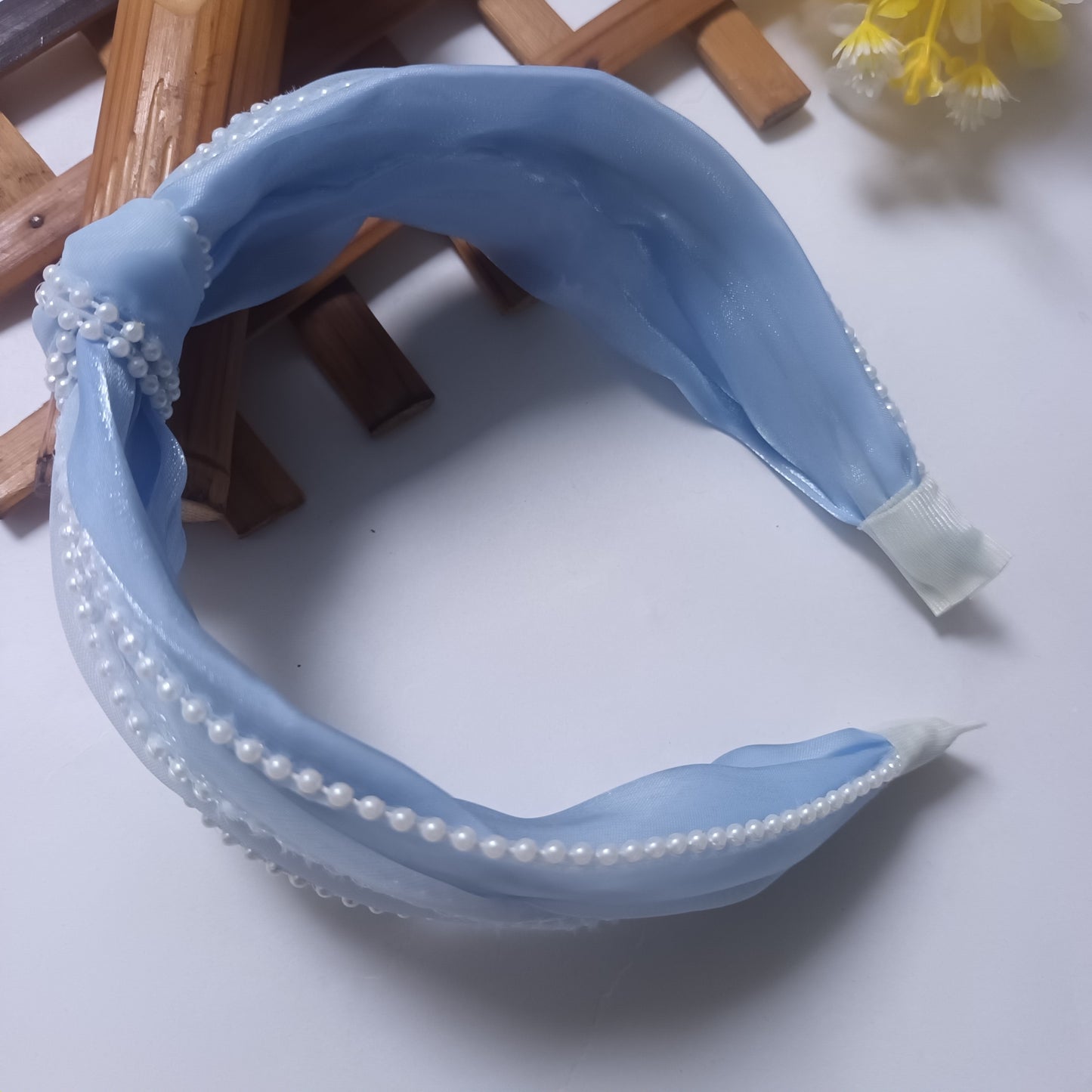 NAINA Sky Blue Organza Pearl lace Head Band