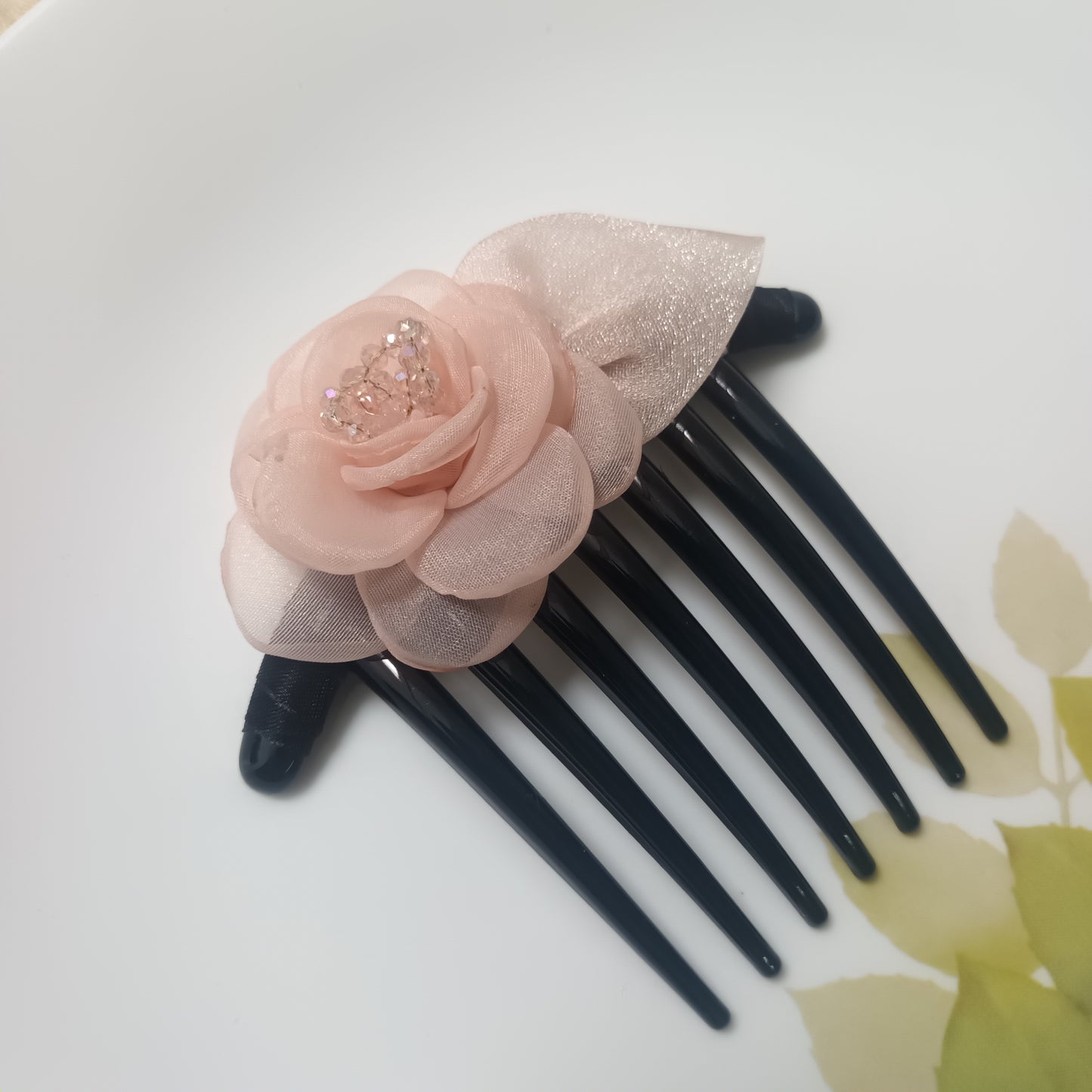 Sobia organza-crystal flower peach hair comb