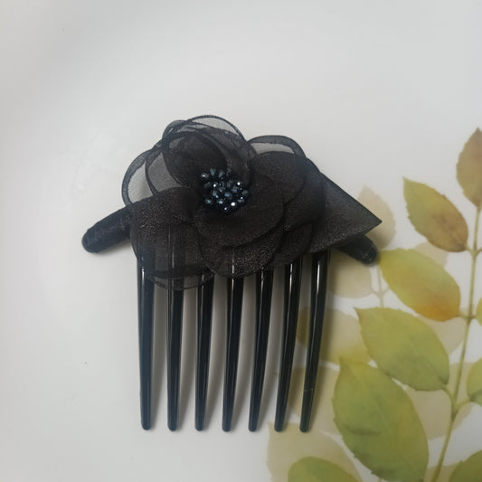 Sobia organza-crystal flower Black hair comb