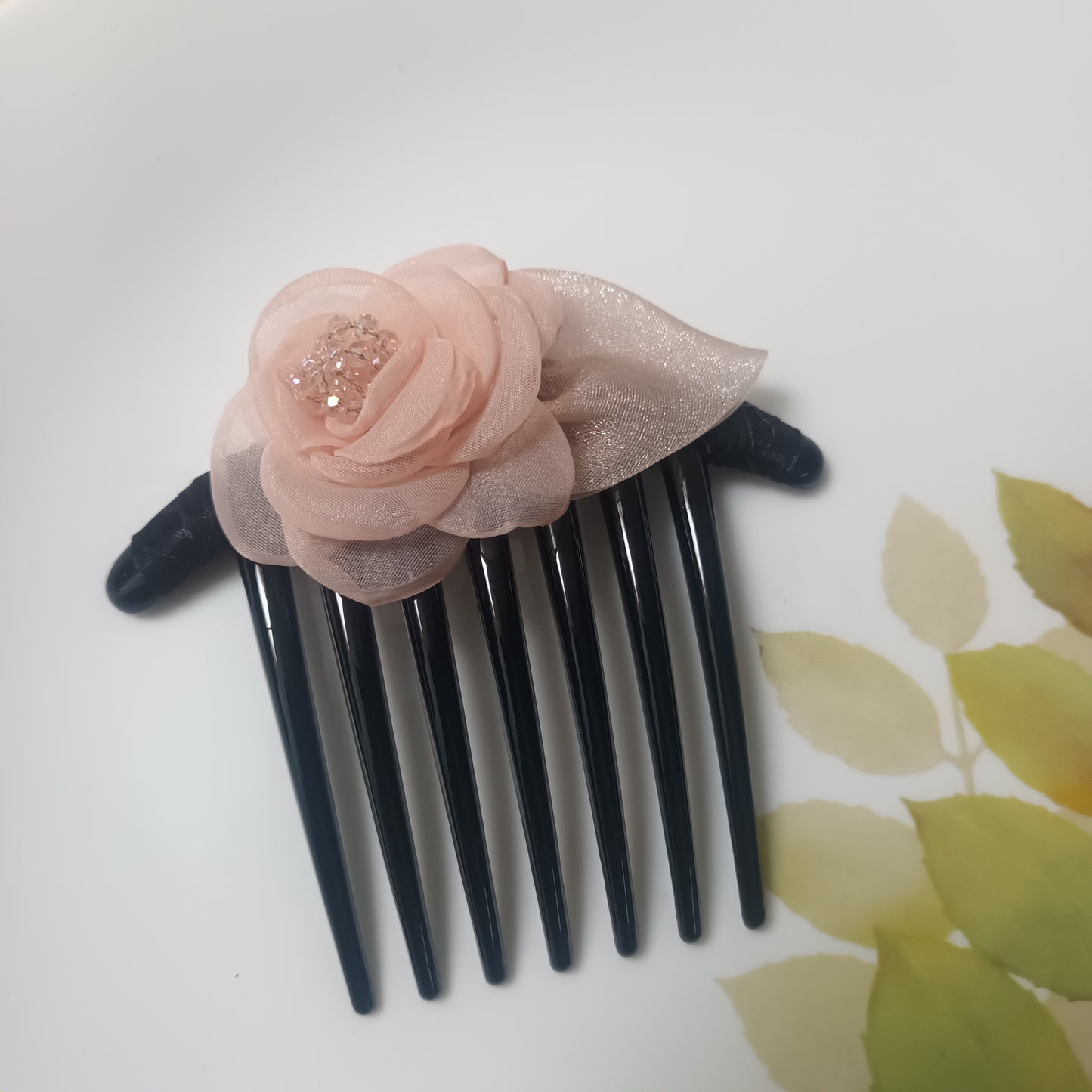 Sobia organza-crystal flower peach hair comb