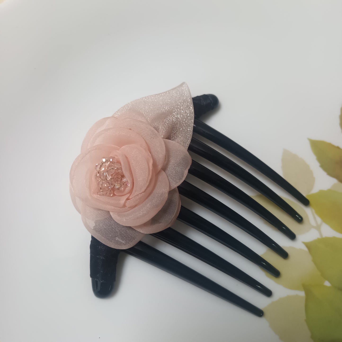 Sobia organza-crystal flower peach hair comb