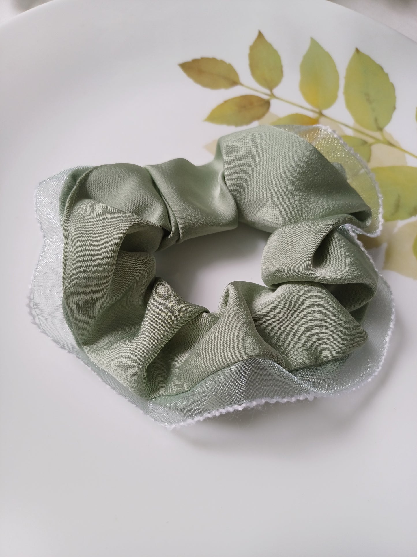 Mahina pista green satin organza scrunchie