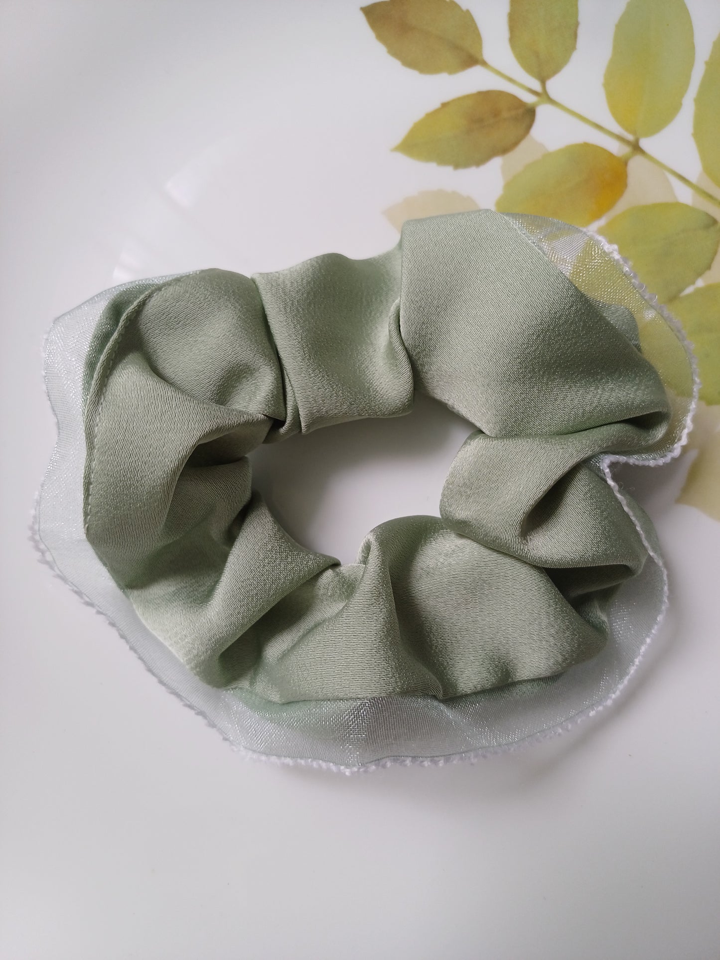 Mahina pista green satin organza scrunchie