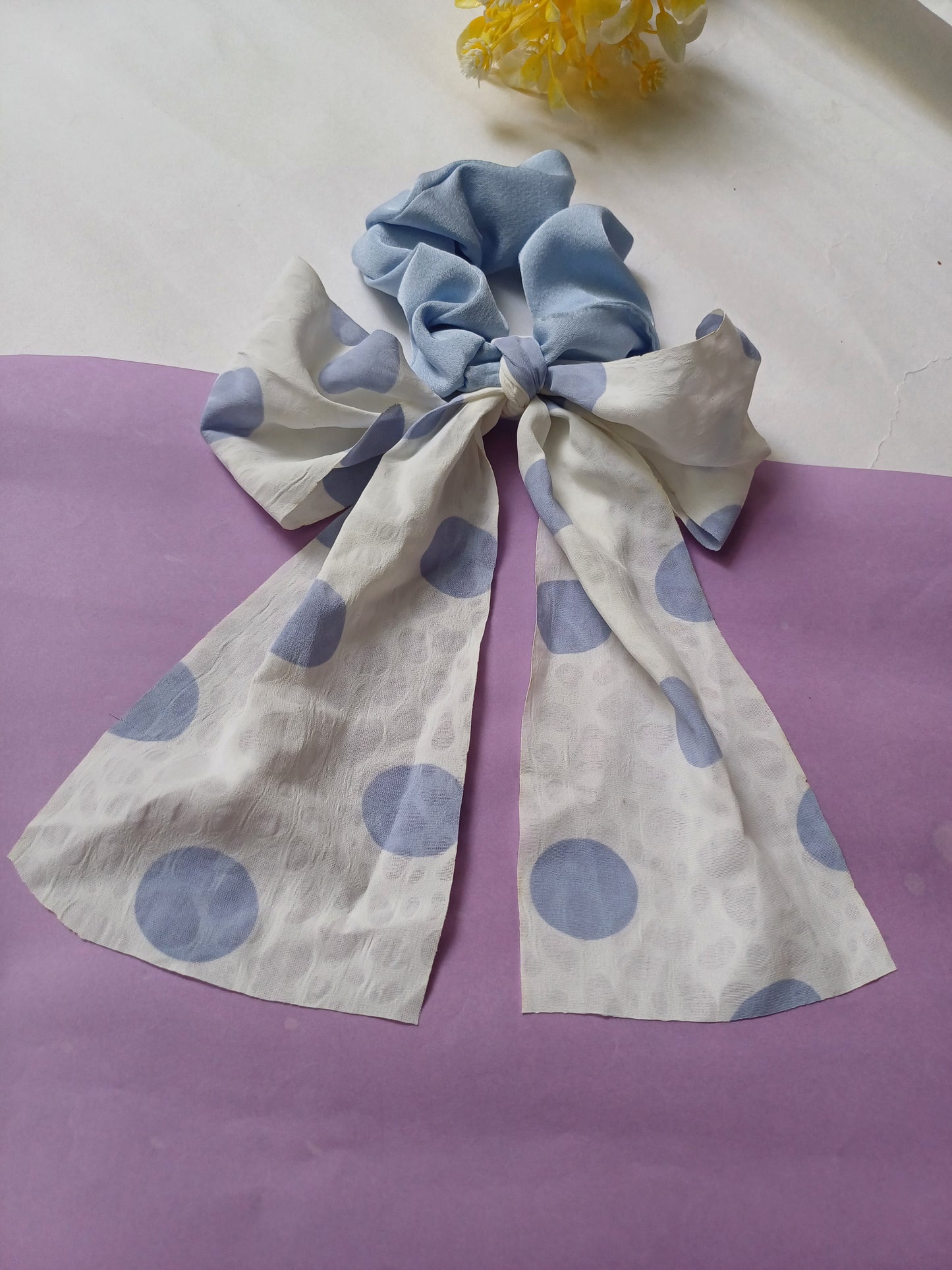 Narmin light blue georgette polka dot bow tail scrunchie