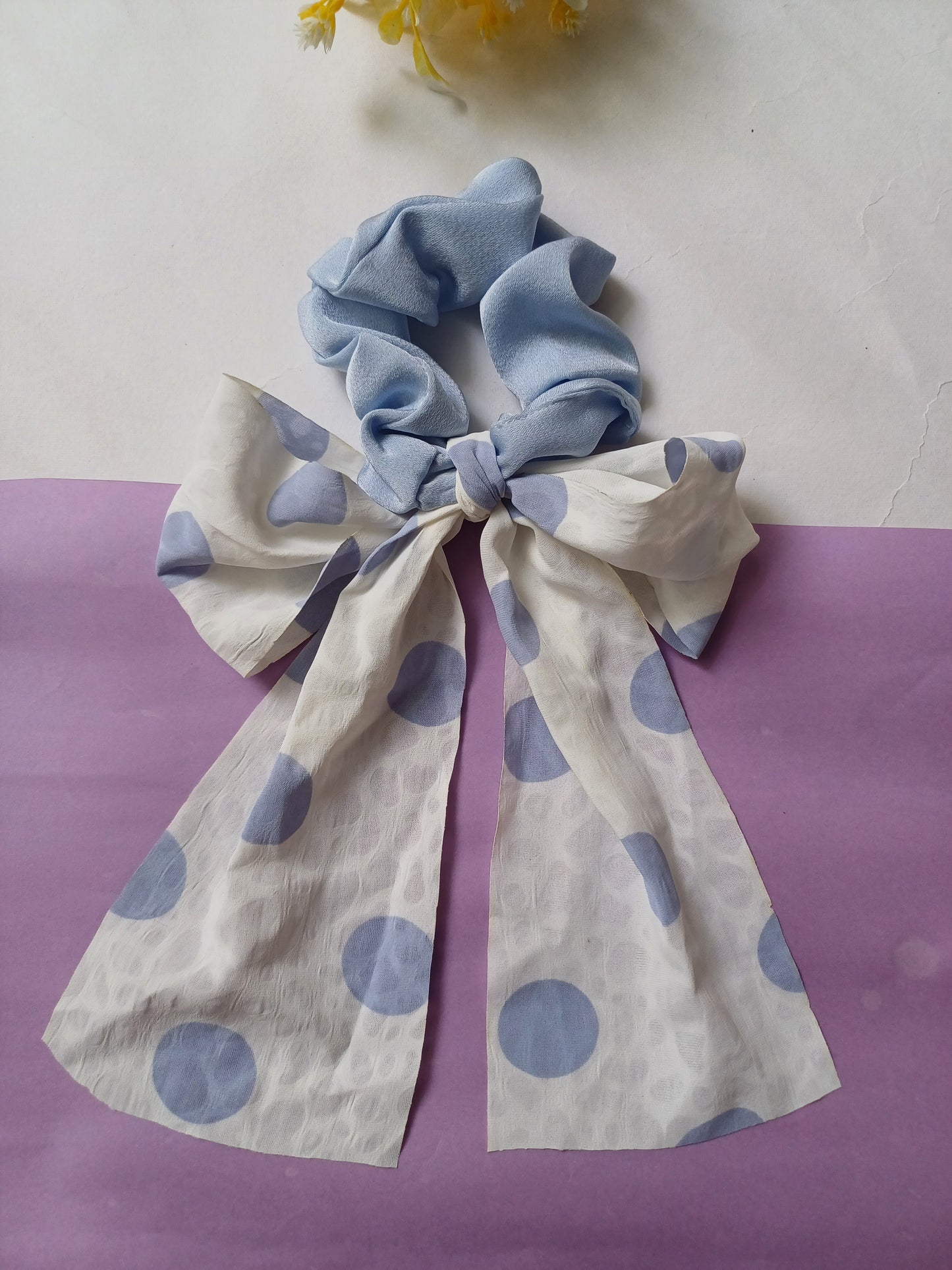 Narmin light blue georgette polka dot bow tail scrunchie