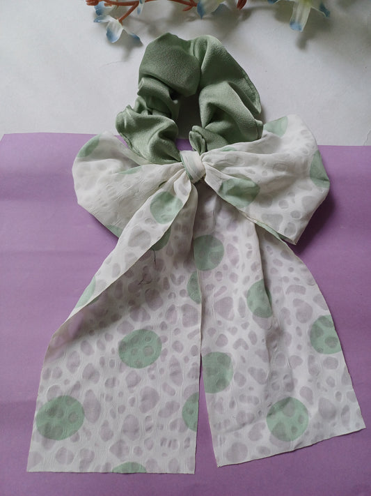 Narmin pista green georgette polka dot bow tail scrunchie