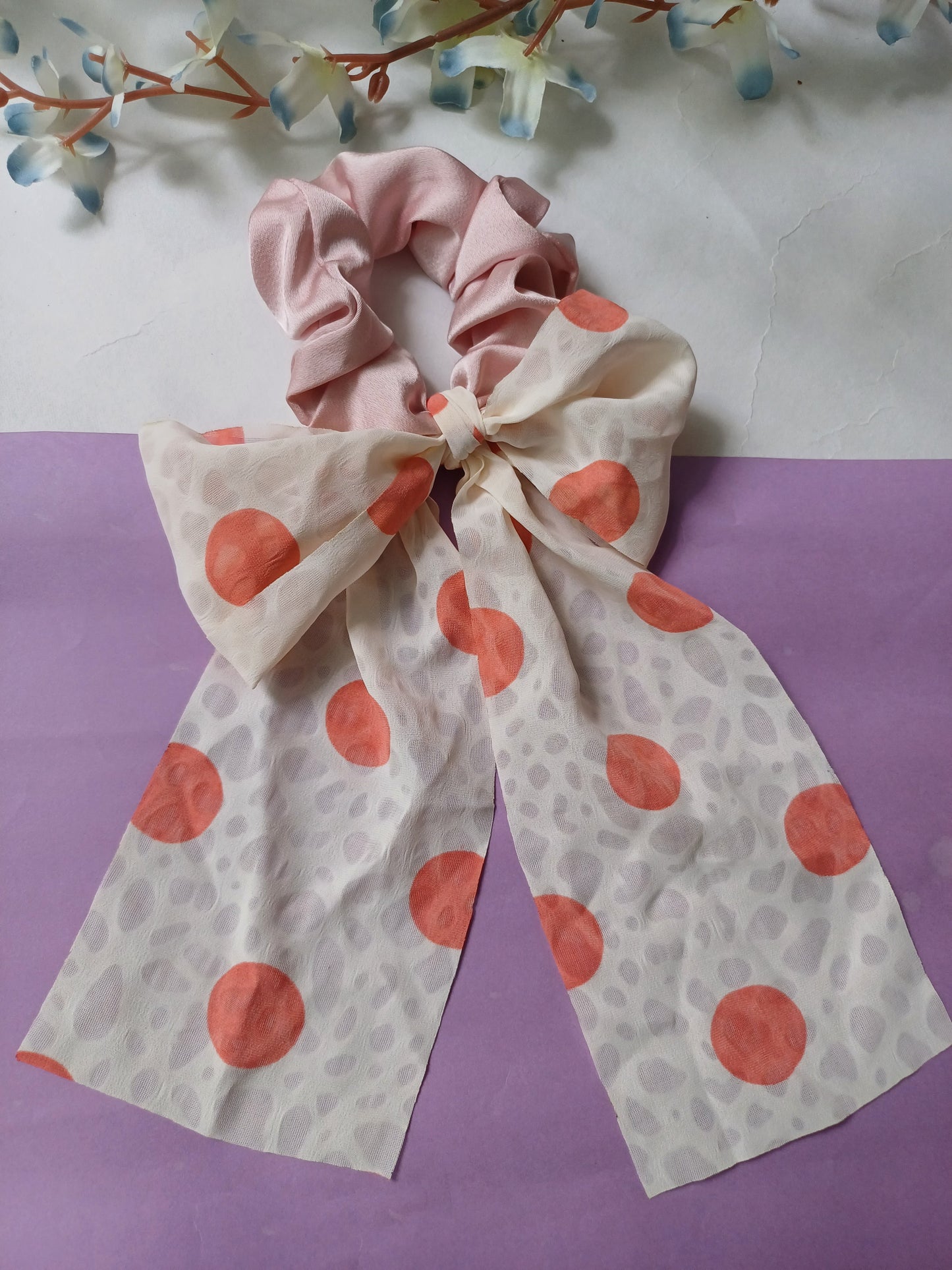 Narmin pale pink georgette polka dot bow tail scrunchie