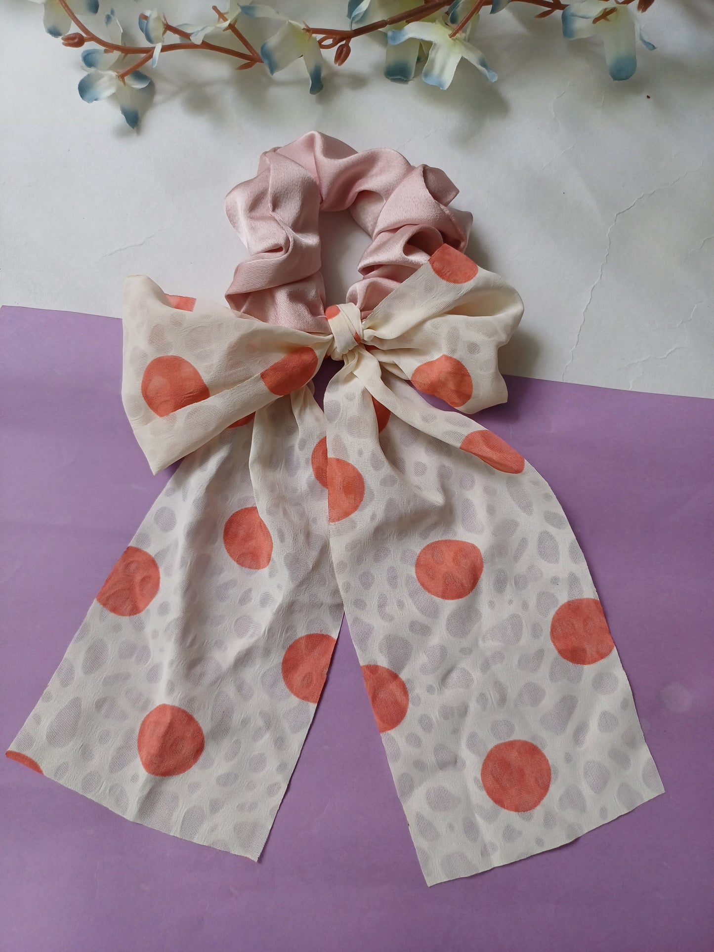 Narmin pale pink georgette polka dot bow tail scrunchie