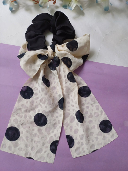 Narmin black georgette polka dot bow tail scrunchie