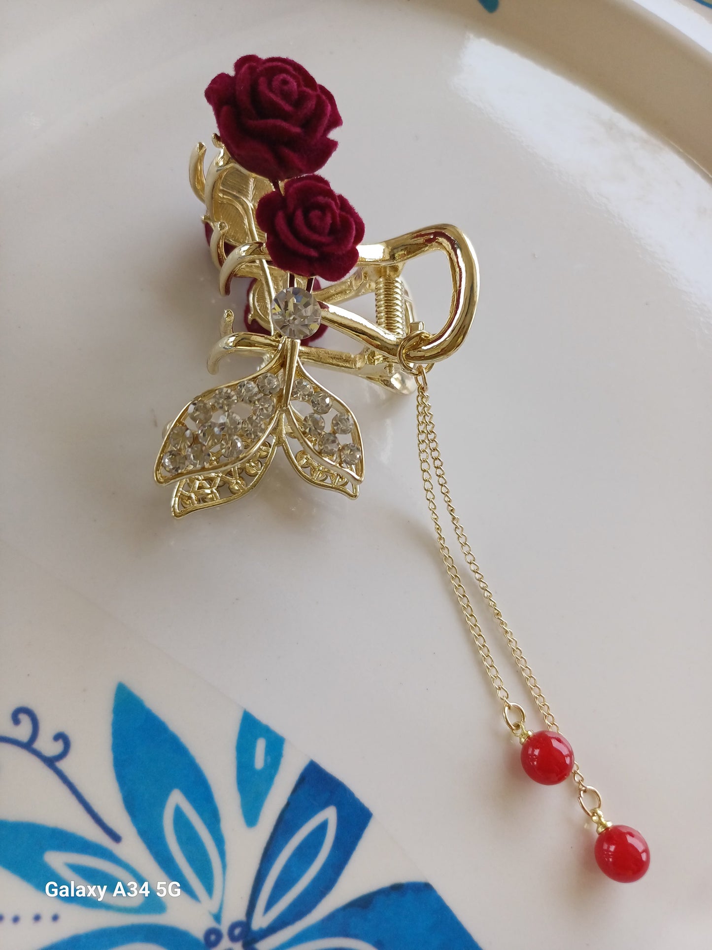 Isra red rose mermaid tasseled claw clip