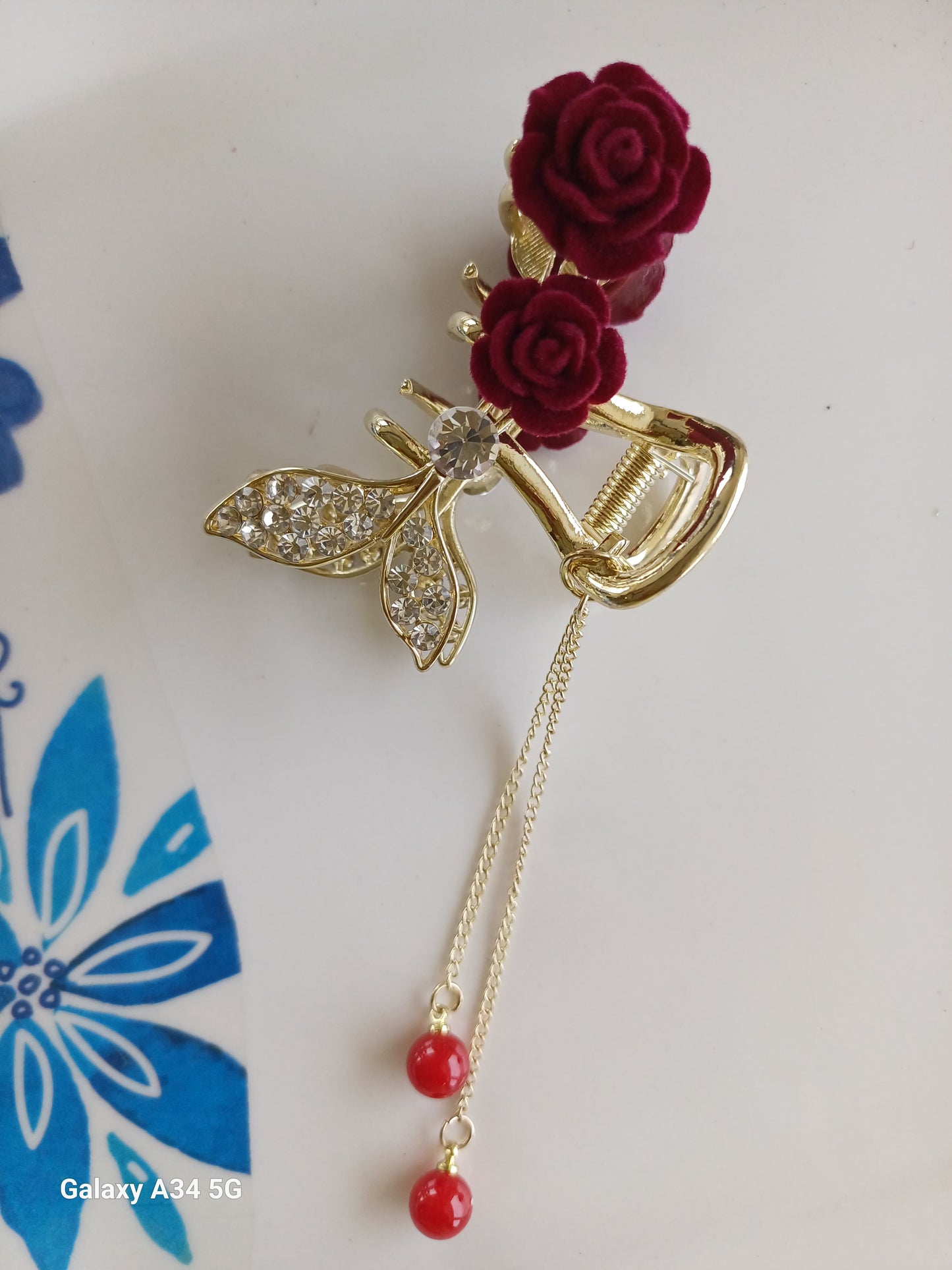 Isra red rose mermaid tasseled claw clip