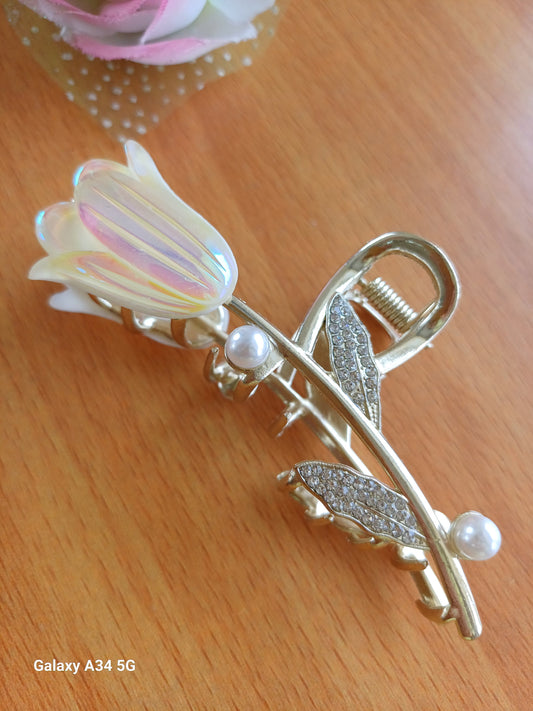 RUMAISA Tulip White Rhinestone Metal Claw Clip